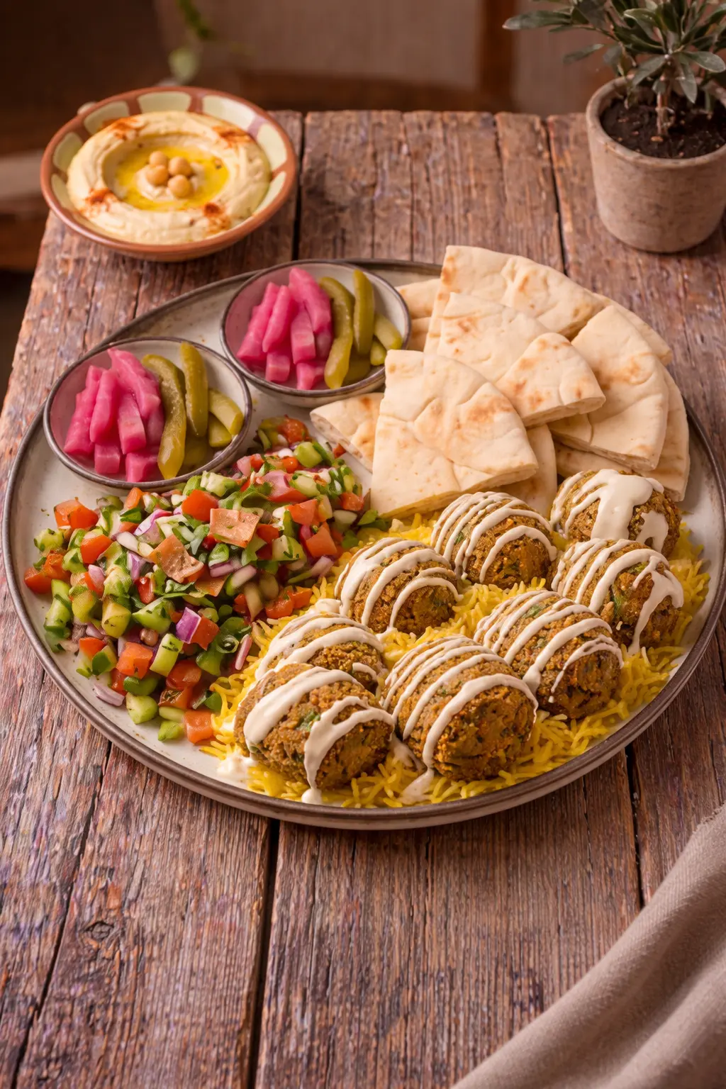 Falafel platter with hummus, salad and pita at A-One Restaurant Winnipeg