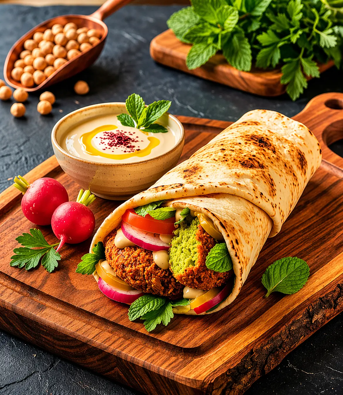 Falafel wrap with fresh veggies and tahini sauce at A-One Restaurant Winnipeg