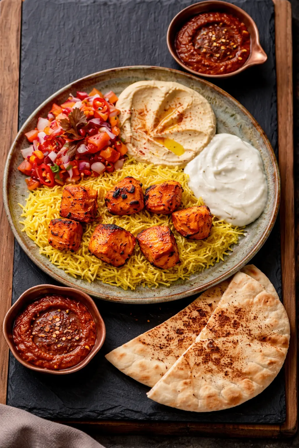 Shish tawook platter with grilled chicken skewers and rice at A-One Restaurant Winnipeg